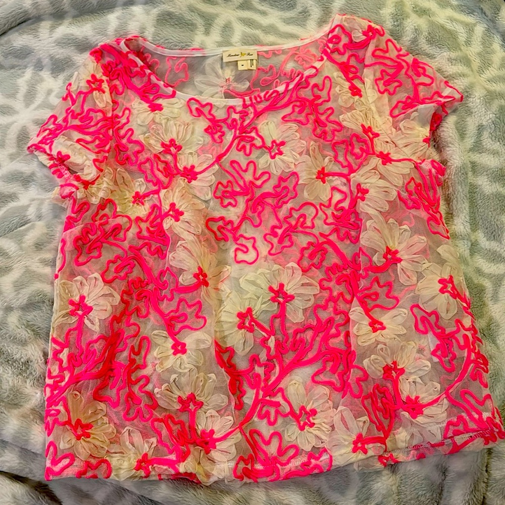 Anthropologie - Meadow Rue Pink Floral Ribbon Sheer Blouse, Size M Hot Pink